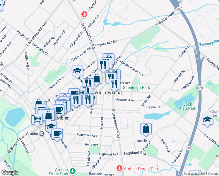 map of restaurants, bars, coffee shops, grocery stores, and more near 46 South Bethlehem Pike in Ambler