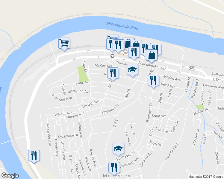 map of restaurants, bars, coffee shops, grocery stores, and more near 469 Motheral Ave in Monessen