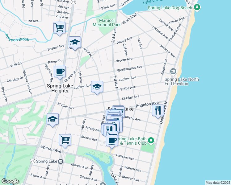 map of restaurants, bars, coffee shops, grocery stores, and more near 301 Tuttle Avenue in Spring Lake