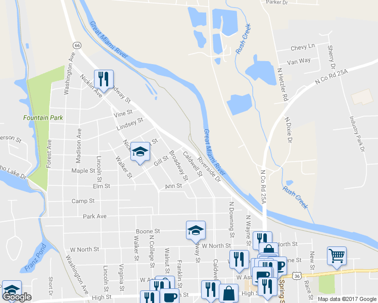 map of restaurants, bars, coffee shops, grocery stores, and more near 451 Riverside Drive in Piqua