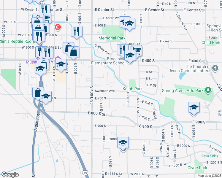 map of restaurants, bars, coffee shops, grocery stores, and more near 539 Swenson Avenue in Springville