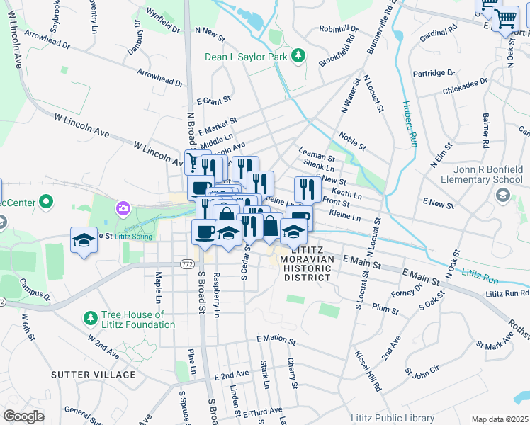 map of restaurants, bars, coffee shops, grocery stores, and more near 31 N Cedar St in Lititz