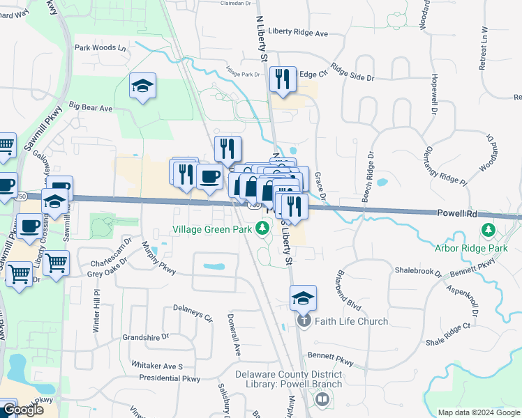 map of restaurants, bars, coffee shops, grocery stores, and more near 43 West Powell Road in Powell