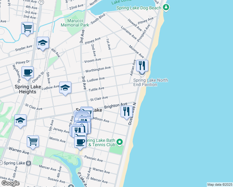 map of restaurants, bars, coffee shops, grocery stores, and more near 100 Saint Clair Avenue in Spring Lake