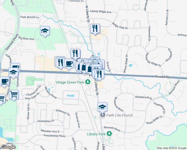 map of restaurants, bars, coffee shops, grocery stores, and more near 5 Liberty Street in Powell