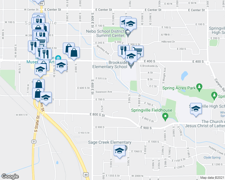 map of restaurants, bars, coffee shops, grocery stores, and more near 601 Swenson Avenue in Springville