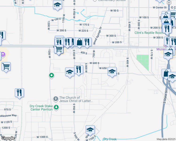 map of restaurants, bars, coffee shops, grocery stores, and more near 671 South 800 West in Springville