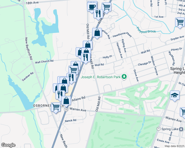 map of restaurants, bars, coffee shops, grocery stores, and more near 2206 Old Mill Road in Spring Lake