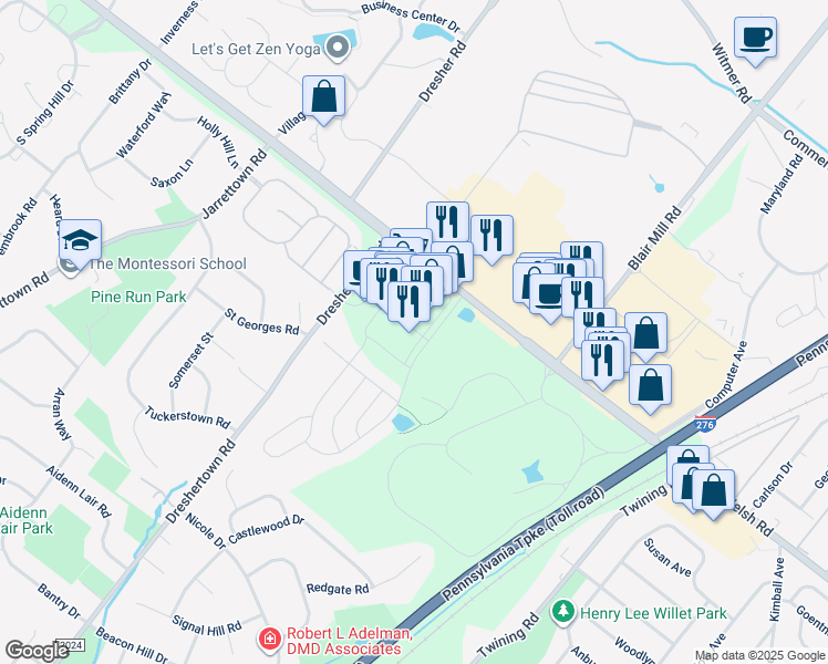 map of restaurants, bars, coffee shops, grocery stores, and more near 1104 Market Street in Dresher