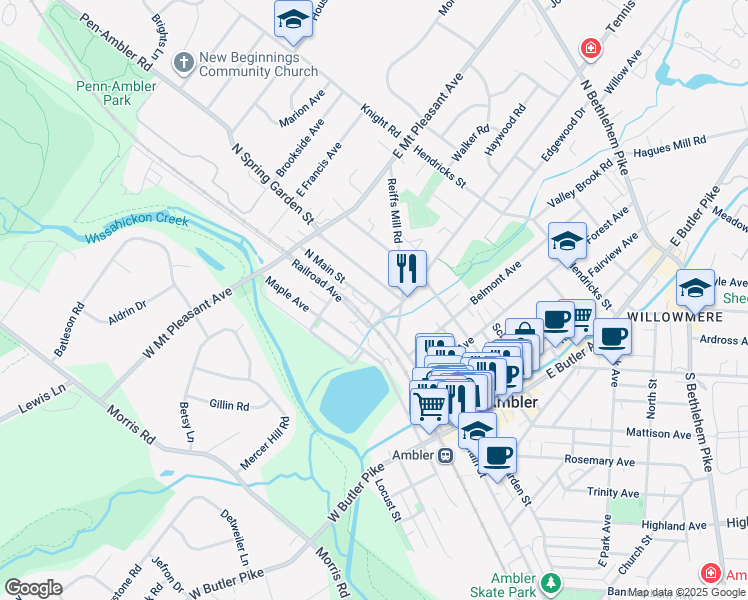 map of restaurants, bars, coffee shops, grocery stores, and more near 229 North Main Street in Ambler