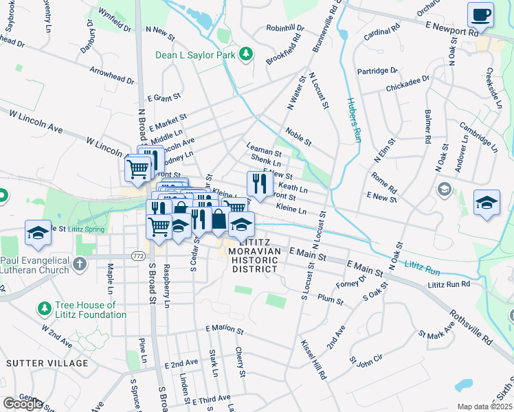 map of restaurants, bars, coffee shops, grocery stores, and more near 55 North Water Street in Lititz
