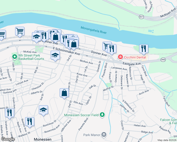 map of restaurants, bars, coffee shops, grocery stores, and more near 46 Reed Avenue in Monessen