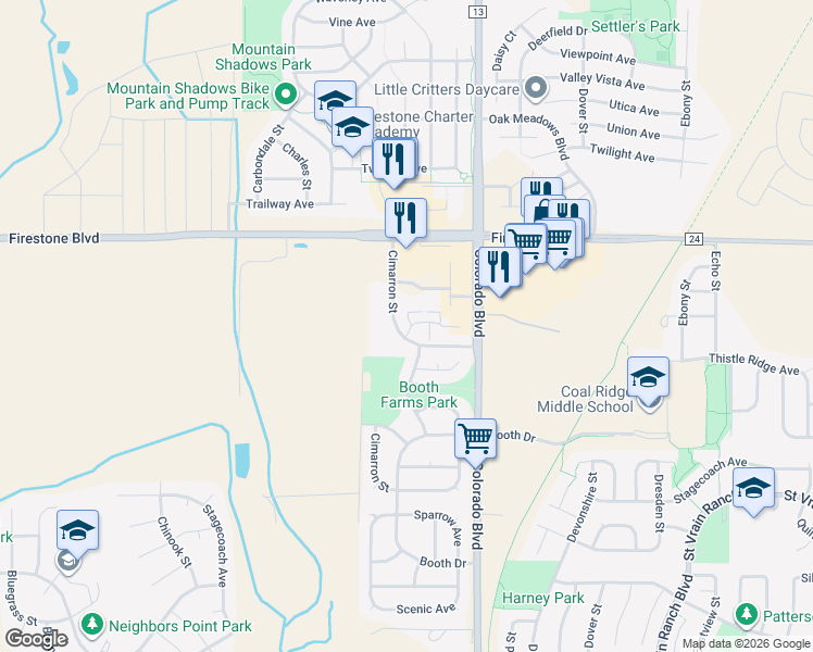 map of restaurants, bars, coffee shops, grocery stores, and more near 10818 Cimarron Street in Longmont