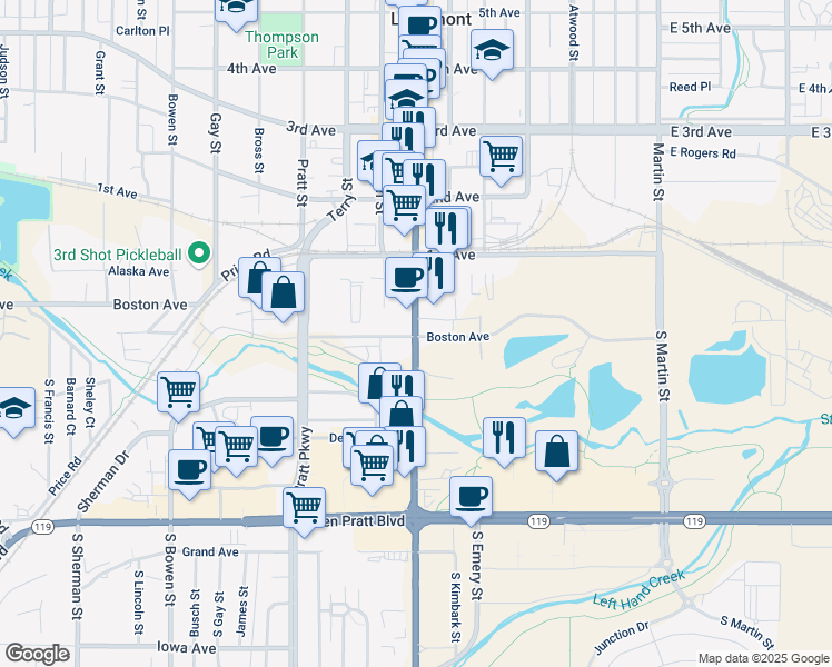 map of restaurants, bars, coffee shops, grocery stores, and more near 104 South Main Street in Longmont