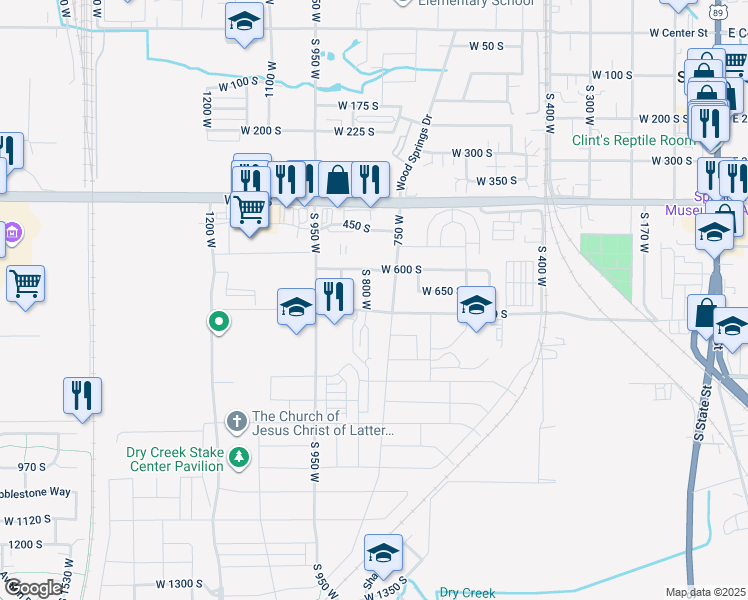 map of restaurants, bars, coffee shops, grocery stores, and more near 671 South 800 West in Springville