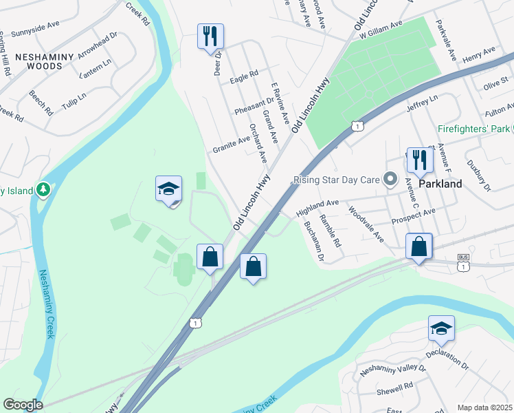 map of restaurants, bars, coffee shops, grocery stores, and more near 1826 Old Lincoln Highway in Langhorne