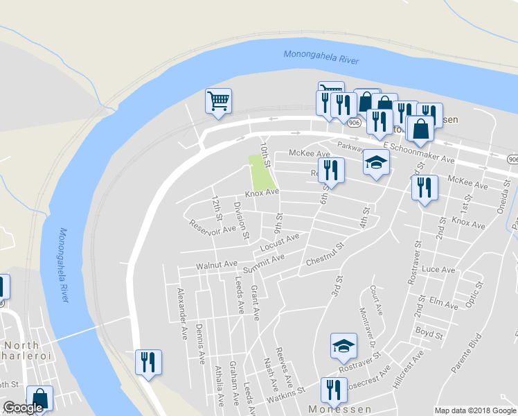 map of restaurants, bars, coffee shops, grocery stores, and more near 524 10th Street in Monessen