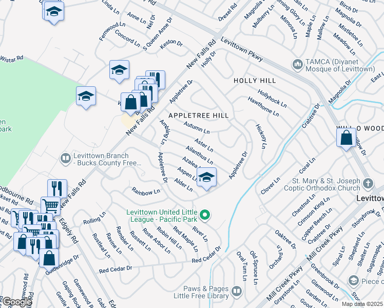 map of restaurants, bars, coffee shops, grocery stores, and more near 51 Ailanthus Lane in Levittown