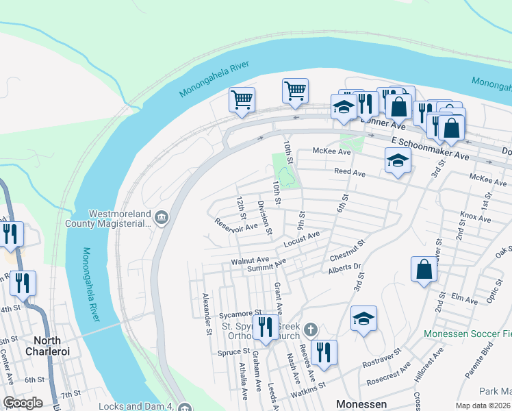 map of restaurants, bars, coffee shops, grocery stores, and more near 1111 McMahon Ave in Monessen