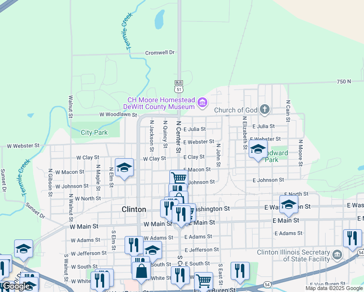 map of restaurants, bars, coffee shops, grocery stores, and more near 624 North Center Street in Clinton