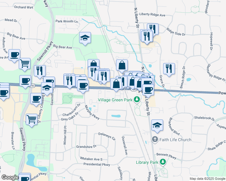 map of restaurants, bars, coffee shops, grocery stores, and more near 189 West Olentangy Street in Powell