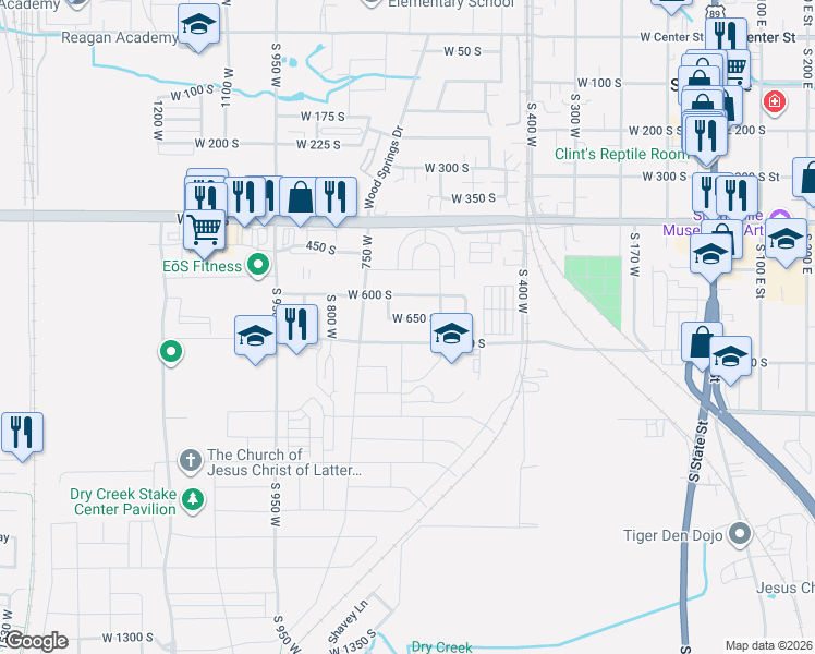 map of restaurants, bars, coffee shops, grocery stores, and more near 643 West 650 South in Springville