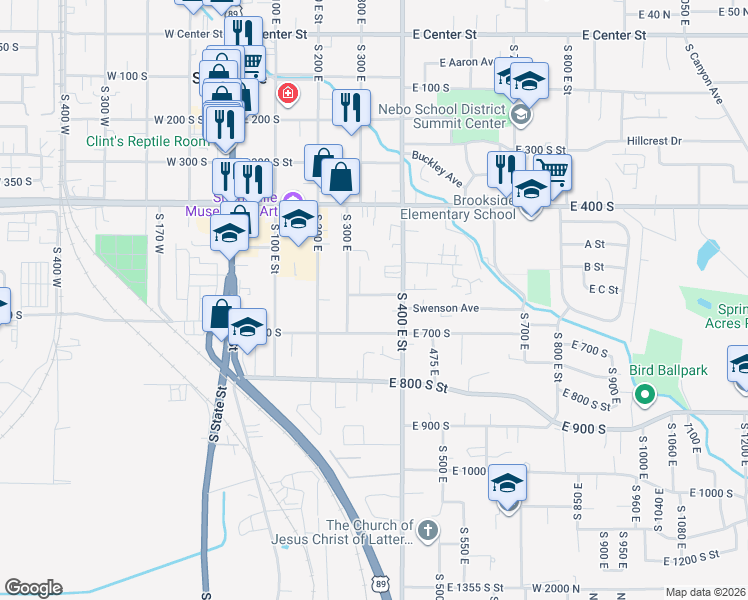 map of restaurants, bars, coffee shops, grocery stores, and more near 342 East 600 South Street in Springville