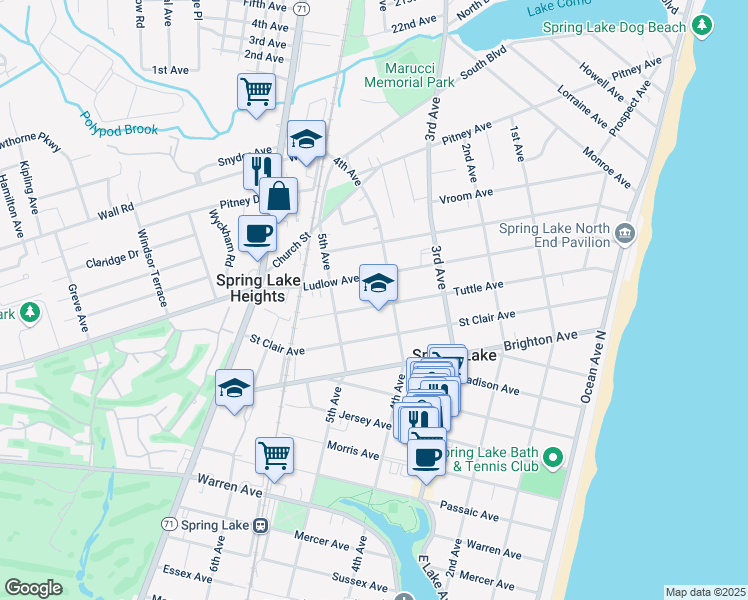 map of restaurants, bars, coffee shops, grocery stores, and more near 410 Tuttle Avenue in Spring Lake