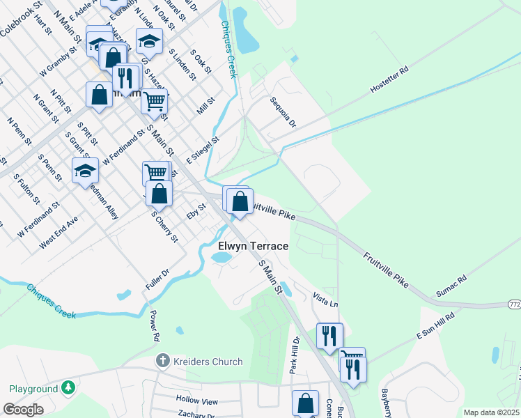 map of restaurants, bars, coffee shops, grocery stores, and more near 137 Fruitville Pike in Manheim