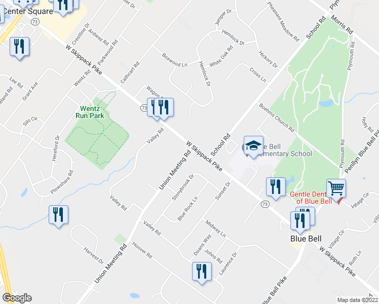 map of restaurants, bars, coffee shops, grocery stores, and more near 904 Union Meeting Road in Blue Bell