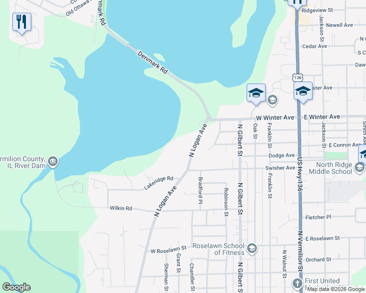 map of restaurants, bars, coffee shops, grocery stores, and more near 2002 North Logan Avenue in Danville