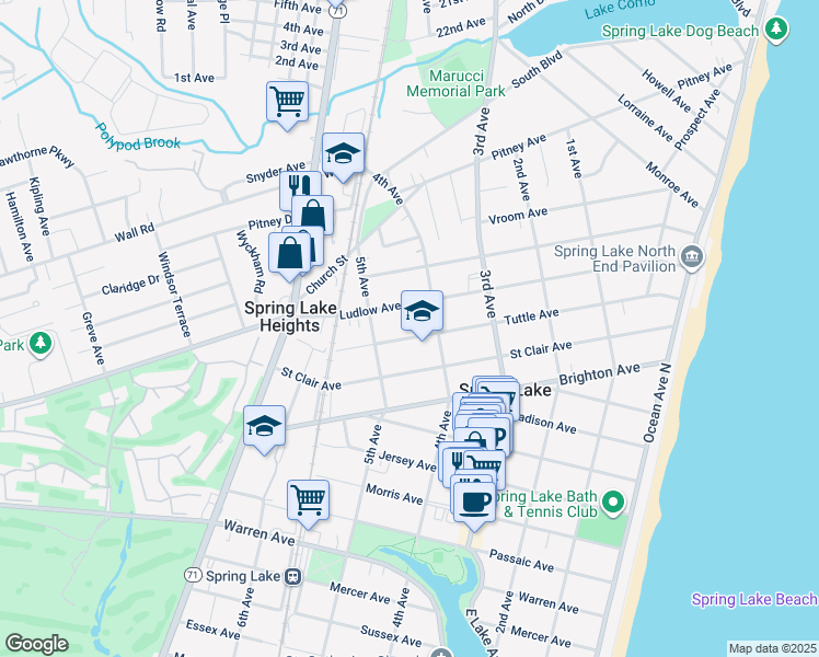 map of restaurants, bars, coffee shops, grocery stores, and more near 410 Tuttle Avenue in Spring Lake