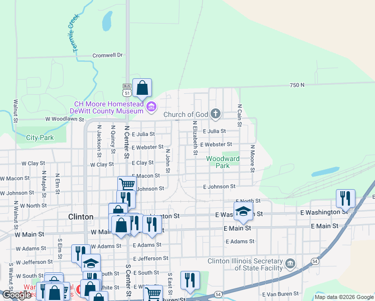 map of restaurants, bars, coffee shops, grocery stores, and more near 212 Water Street in Clinton