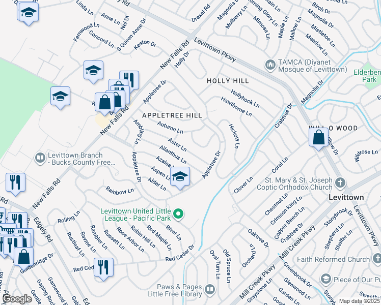 map of restaurants, bars, coffee shops, grocery stores, and more near 28 Aster Lane in Levittown