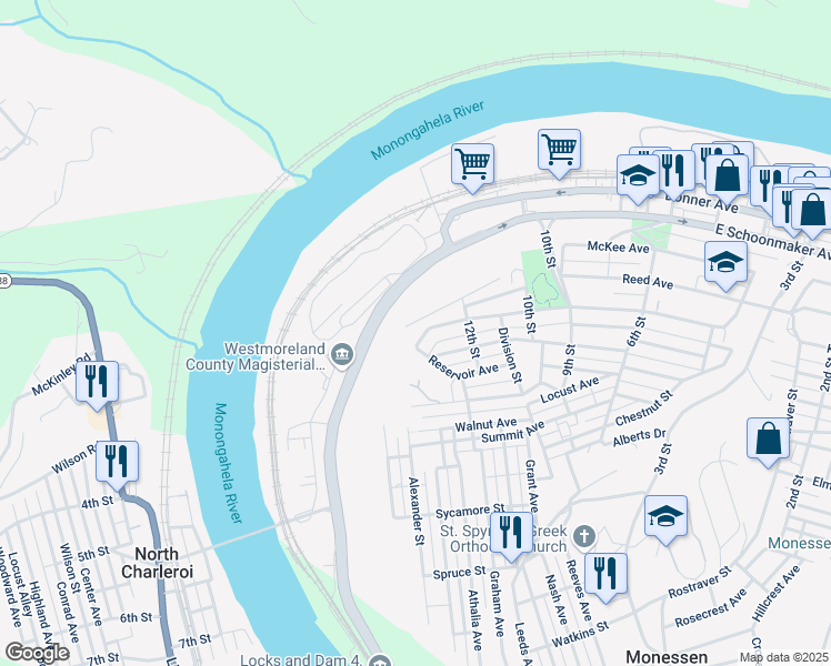 map of restaurants, bars, coffee shops, grocery stores, and more near 1247 Knox Ave in Monessen