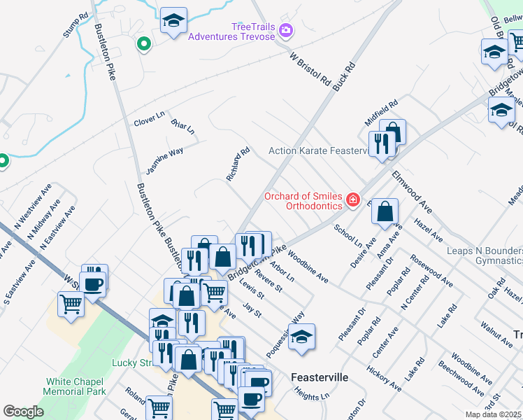 map of restaurants, bars, coffee shops, grocery stores, and more near 1519 Buck Road in Feasterville-Trevose