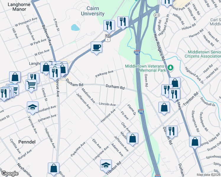map of restaurants, bars, coffee shops, grocery stores, and more near 510 Claymont Avenue in Langhorne
