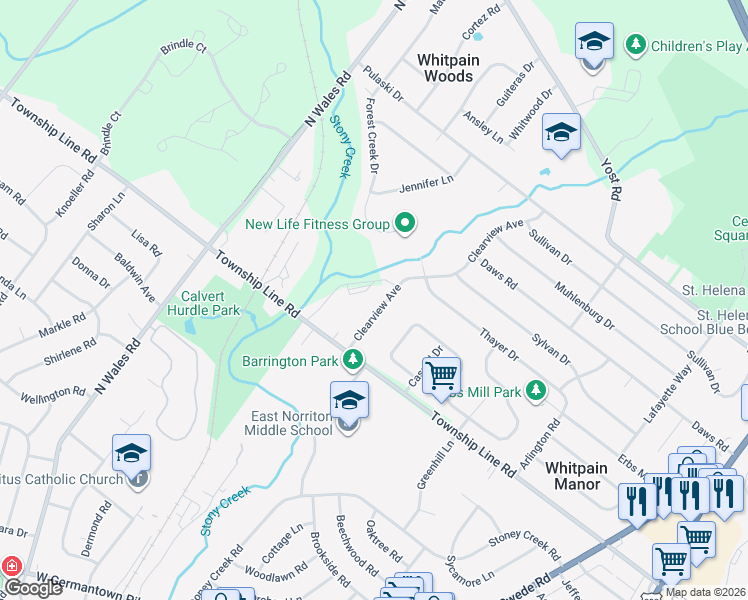 map of restaurants, bars, coffee shops, grocery stores, and more near 1715 Clearview Avenue in Blue Bell