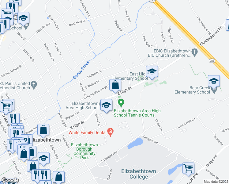 map of restaurants, bars, coffee shops, grocery stores, and more near 601 East High Street in Elizabethtown