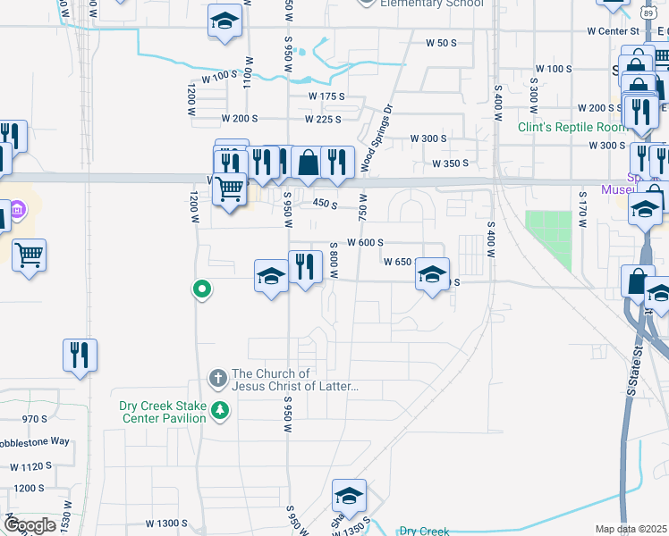 map of restaurants, bars, coffee shops, grocery stores, and more near 671 S 800 W in Springville