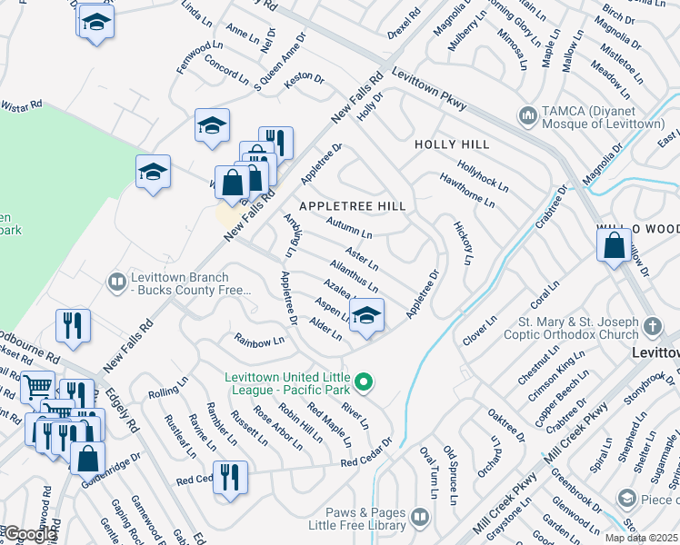 map of restaurants, bars, coffee shops, grocery stores, and more near 51 Ailanthus Lane in Levittown