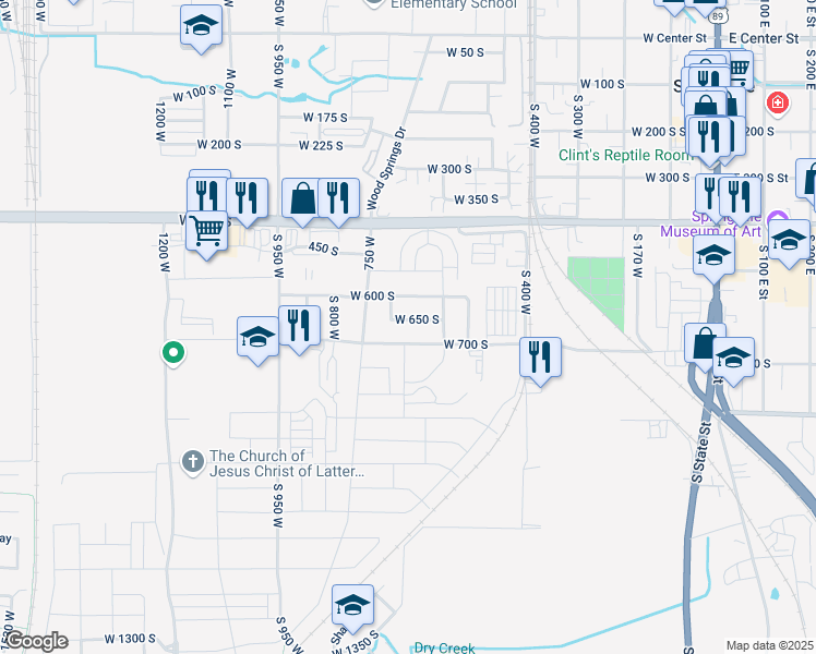 map of restaurants, bars, coffee shops, grocery stores, and more near 643 West 650 South in Springville