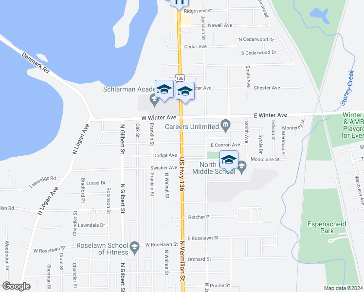 map of restaurants, bars, coffee shops, grocery stores, and more near 2 East Conron Avenue in Danville