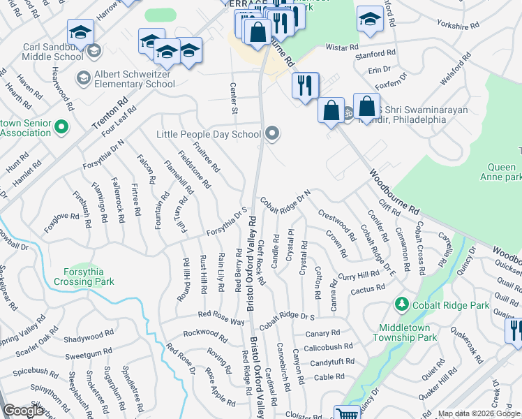 map of restaurants, bars, coffee shops, grocery stores, and more near 95 Cleft Rock Road in Levittown