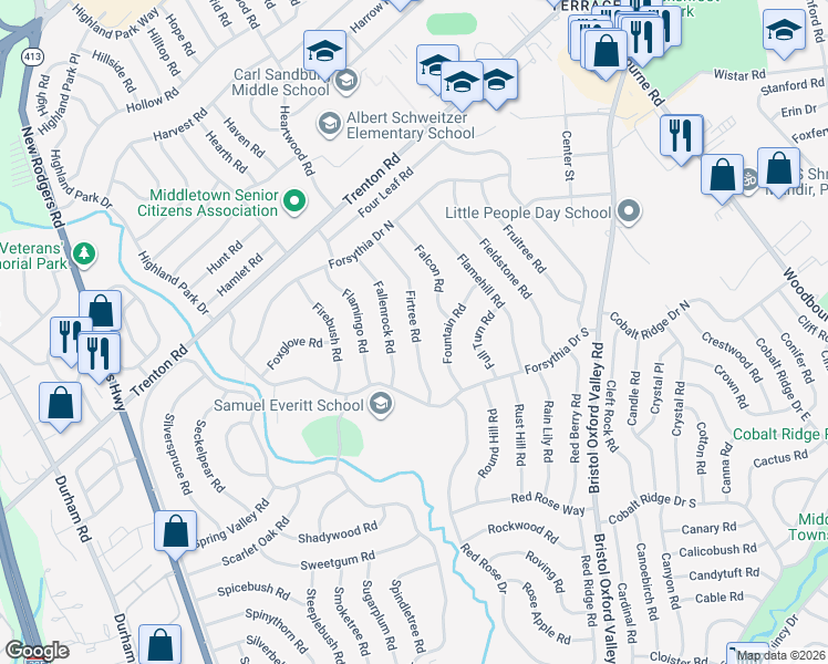 map of restaurants, bars, coffee shops, grocery stores, and more near 37 Firtree Road in Levittown