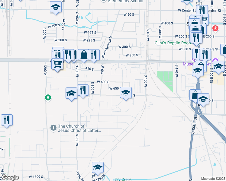 map of restaurants, bars, coffee shops, grocery stores, and more near 643 West 650 South in Springville
