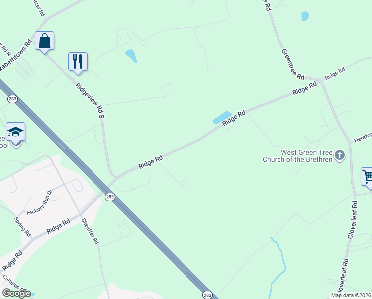 map of restaurants, bars, coffee shops, grocery stores, and more near 1510 Ridge Road in Elizabethtown
