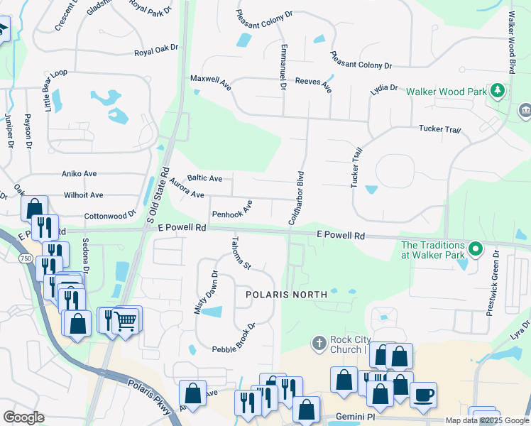 map of restaurants, bars, coffee shops, grocery stores, and more near 8310 Aurora Court in Lewis Center
