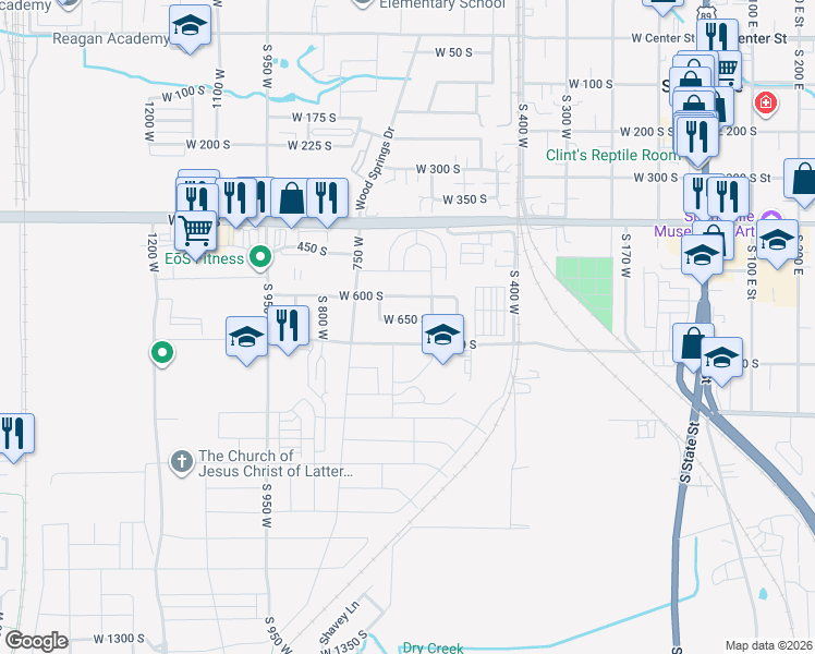 map of restaurants, bars, coffee shops, grocery stores, and more near 611 West 650 South in Springville