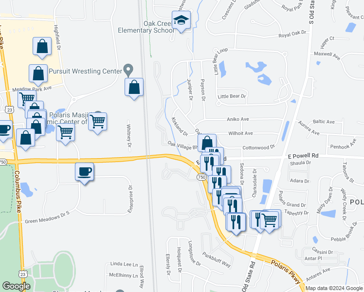 map of restaurants, bars, coffee shops, grocery stores, and more near 8953 Oak Village Boulevard in Lewis Center